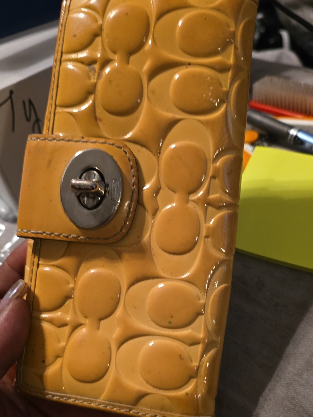 Coach Patent Leather Mustard Yellow Phone Wallet Case with Turn-Lock